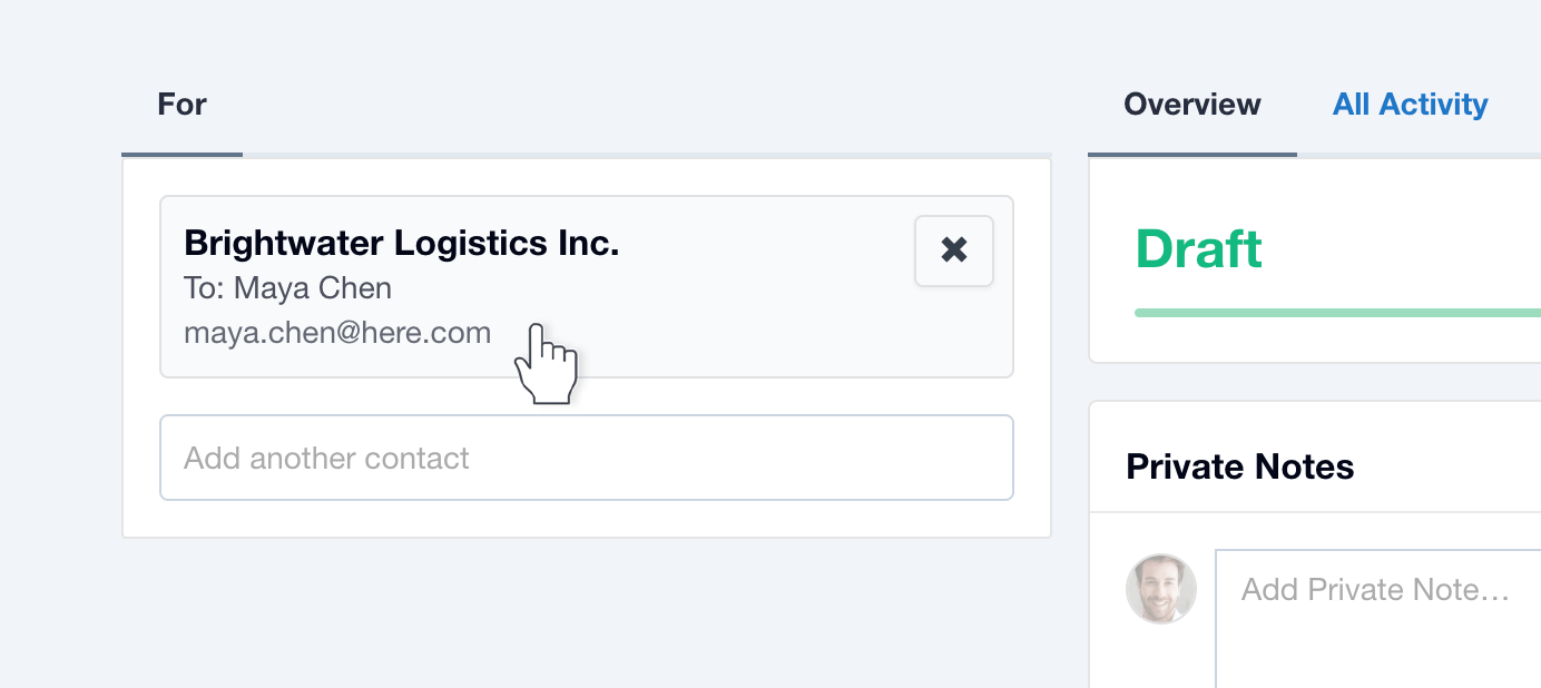 Screenshot clicking through to a Contact from a Quote
