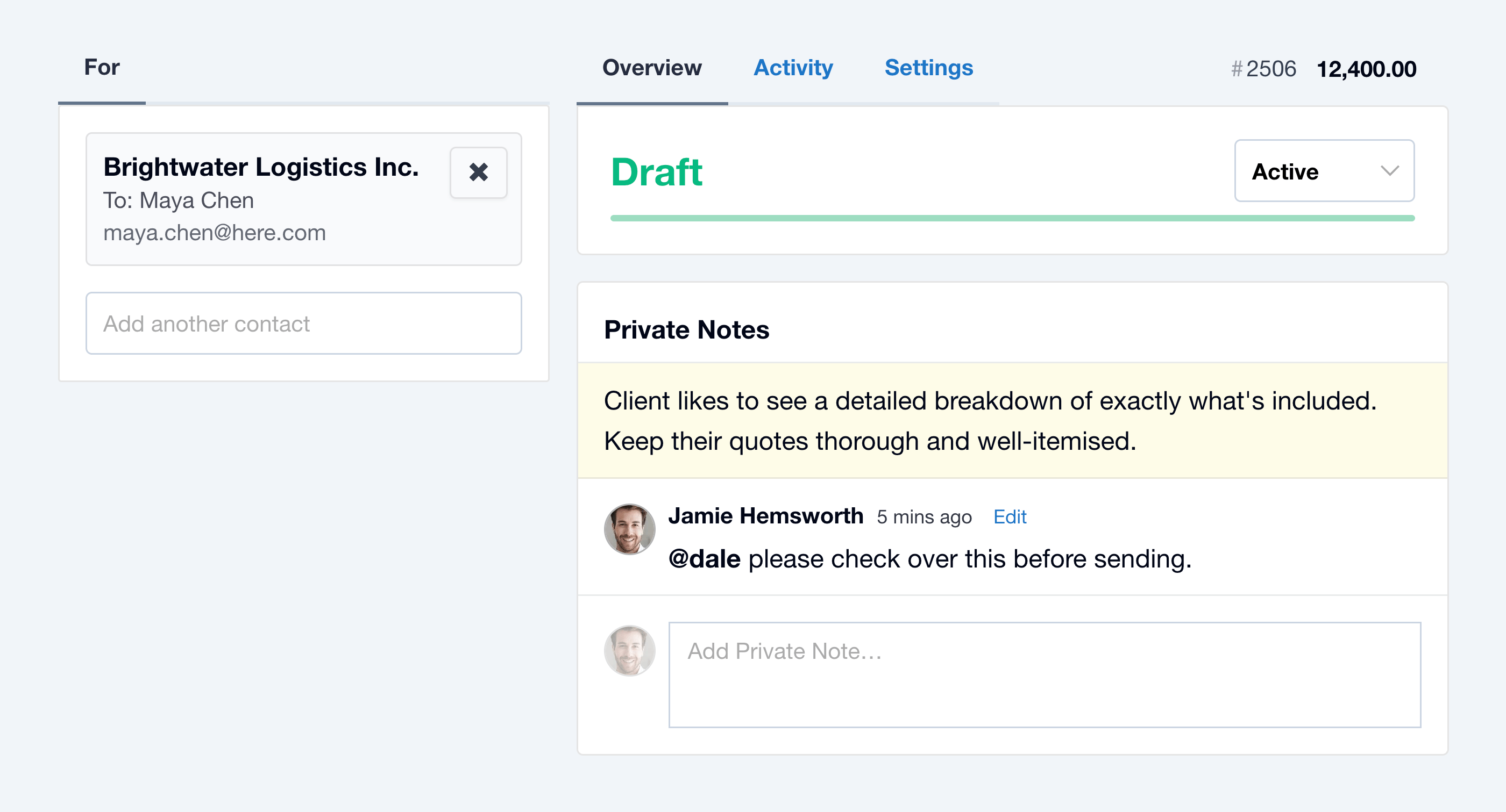 Contact Note on Quote Contact Note on Quote