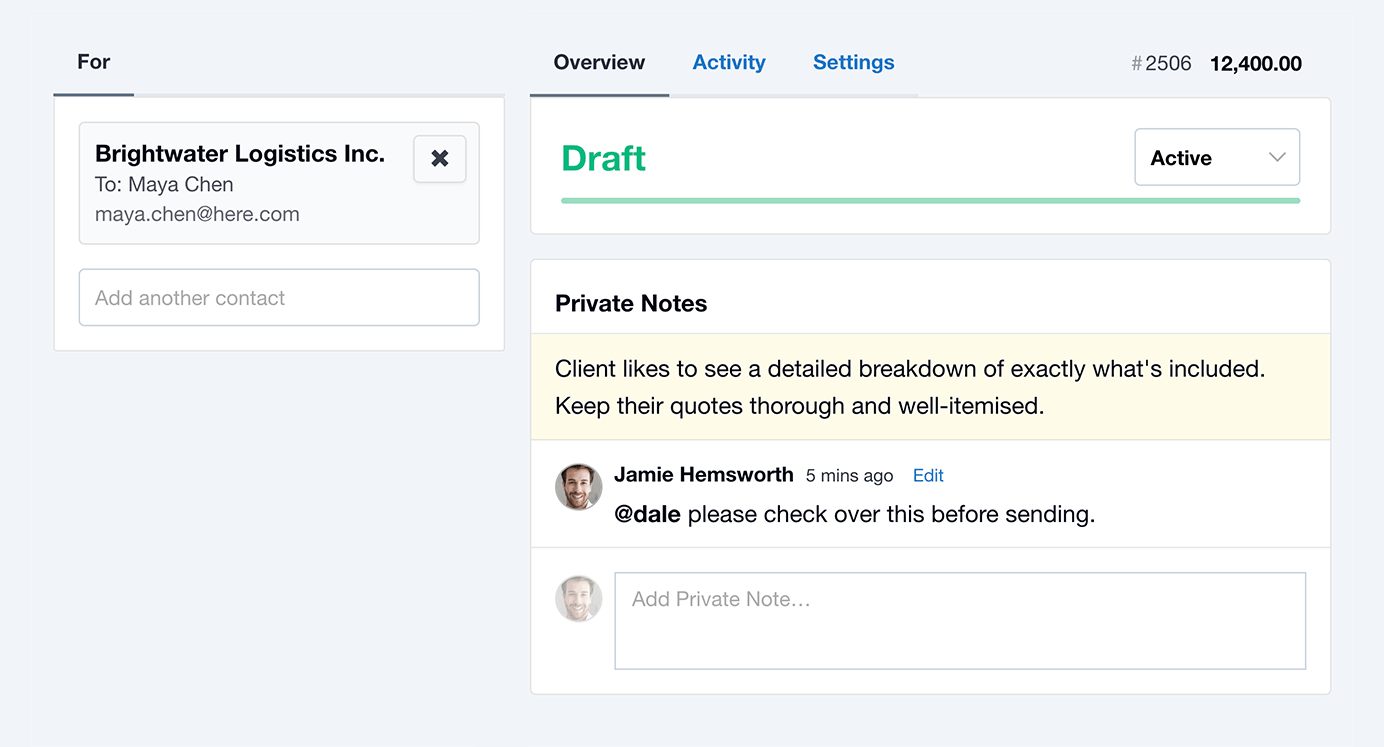 Two types of Private Notes on a Quote Two types of Private Notes on a Quote