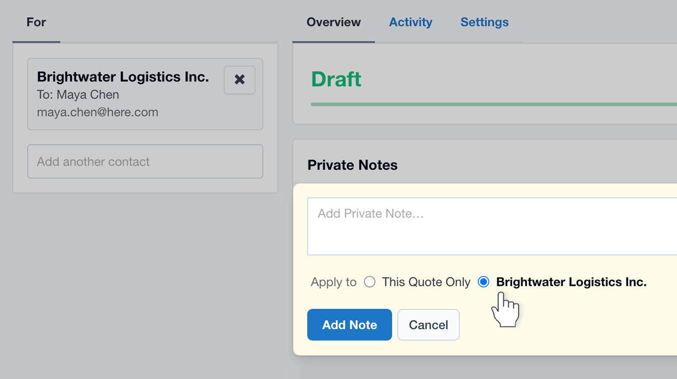 Screenshot of a Private Note being applied to a Contact
