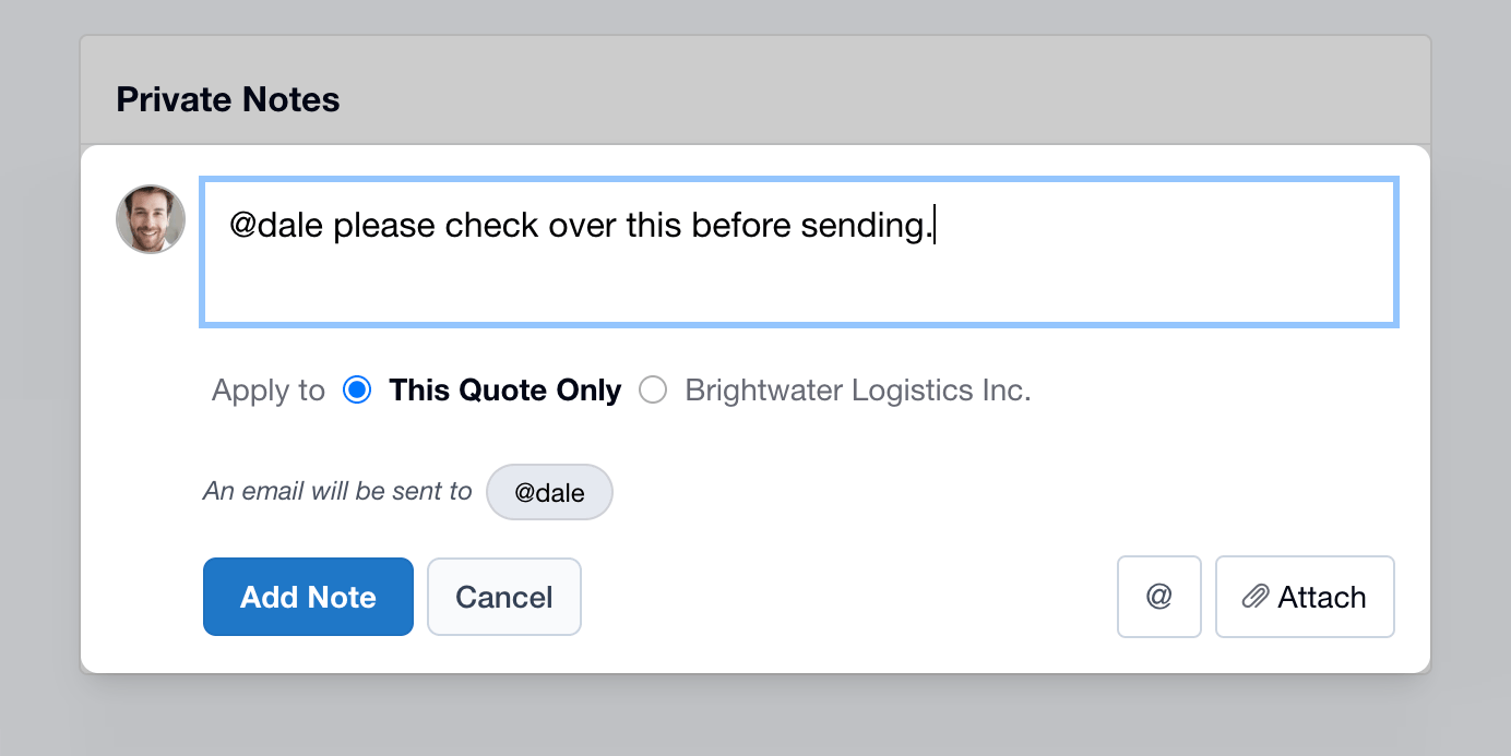 Private Note on a Quote Private Note on a Quote