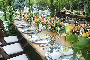 Elegant, clean, botanical table setting for outdoor event