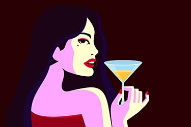 Retro 2D illustration of glamorous woman holding martini