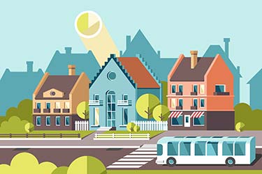 Isometric illustration of sunny neighbourhood with bus in foreground and cityscape in background