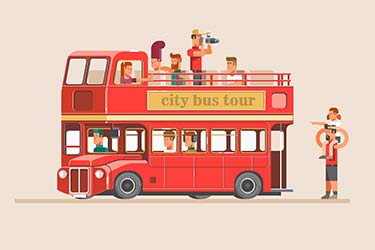 Isometric style design of city bus tour with tourist taking photos and families sight-seeing