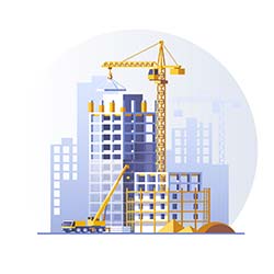 Isometric cartoon of construction site with cranes in cityscape illustration