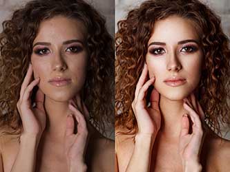 Before and after example of edited photo of glamorous model’s face