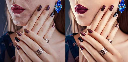 Before and after example of edited photo of hand model, modelling nail polish, make up, jewellery