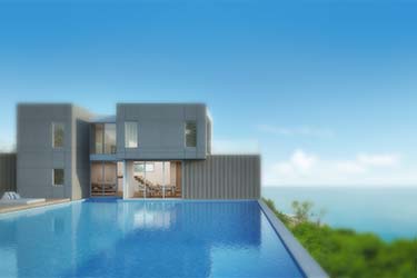 3D rendering of architecturally designed home with large pool, overlooking the ocean