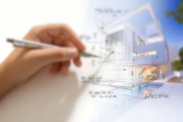 Close up of pool building plans being drawn by hand, superimposed over photo of modern home