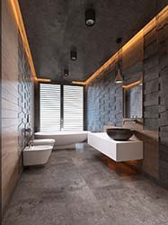 Stunning stone and wood tiling in futuristic architectural bathroom